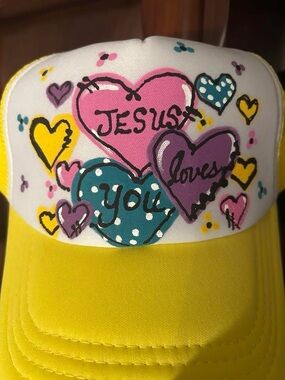 Hand painted, Colorful 'Jesus Loves You' Heart Trucker Hat - Yellow